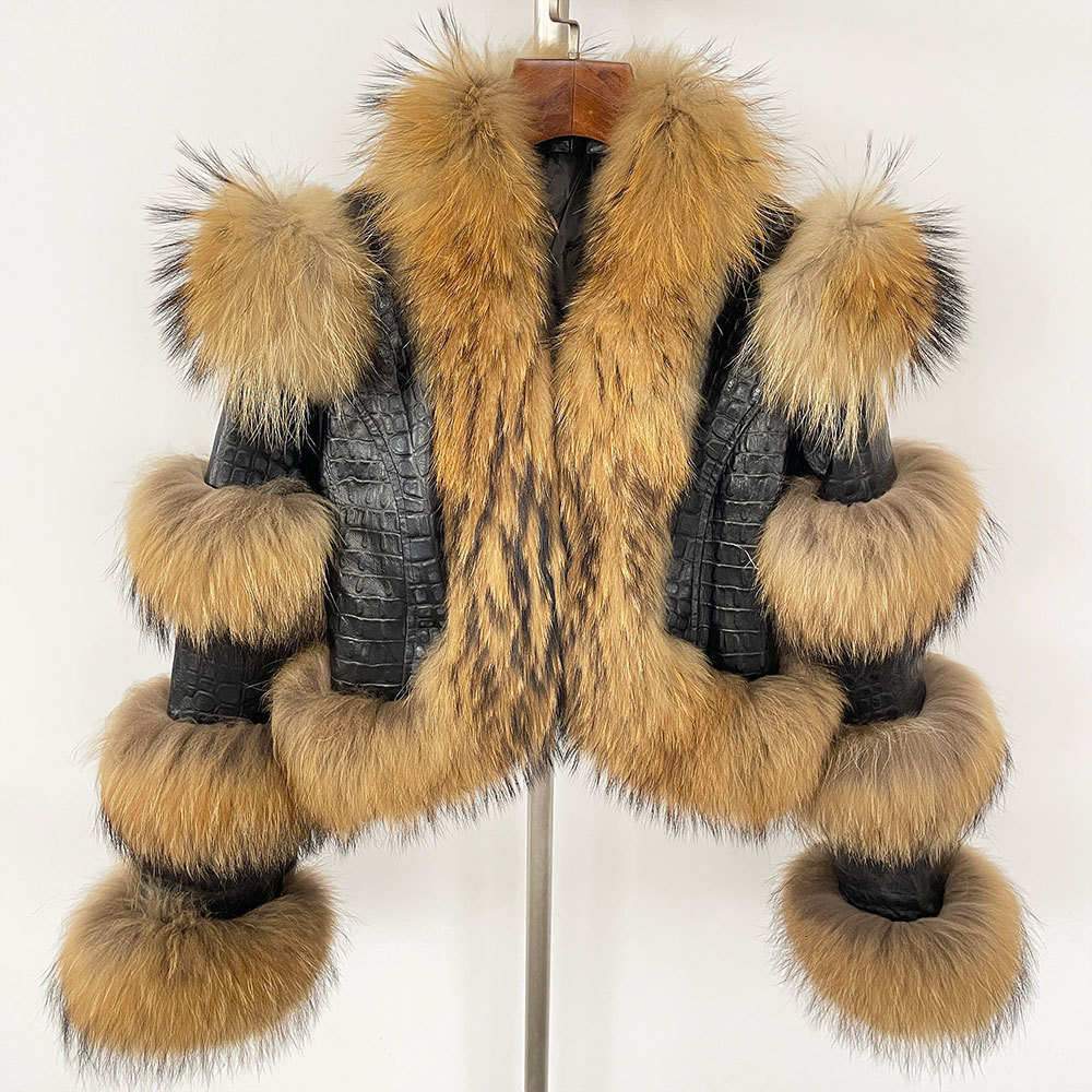 RR2775 Plus Size Artificial Fox Fur Winter Jacket Womens Leather Short Crop Jacket Womens Cotton Lined Fur Decorative Leather 240927 - view 7