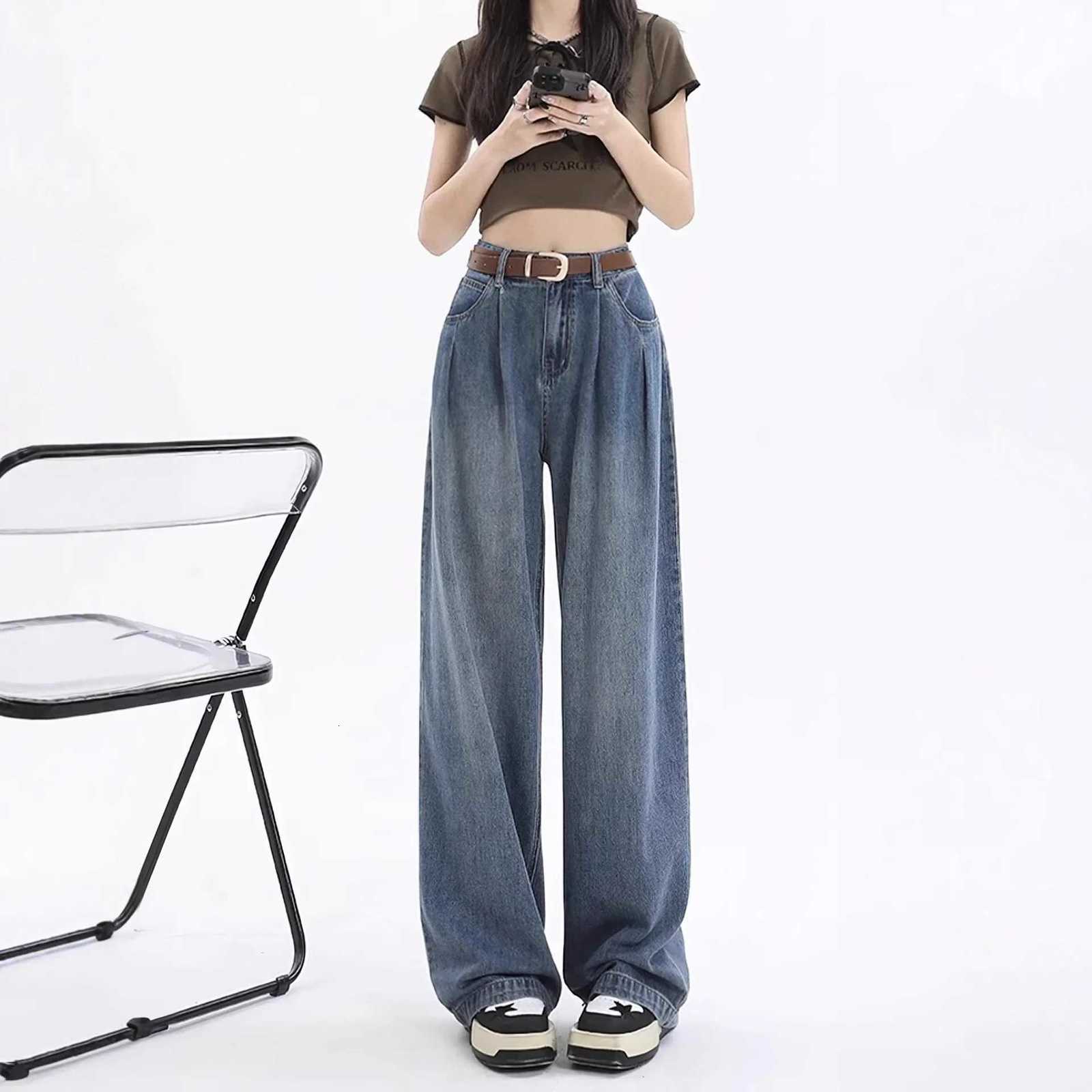 Retro High Waist Wide Leg Jeans Women Summer New plus Size Loose Slim Straight Long Pants Pear Shaped Body JeansT251013