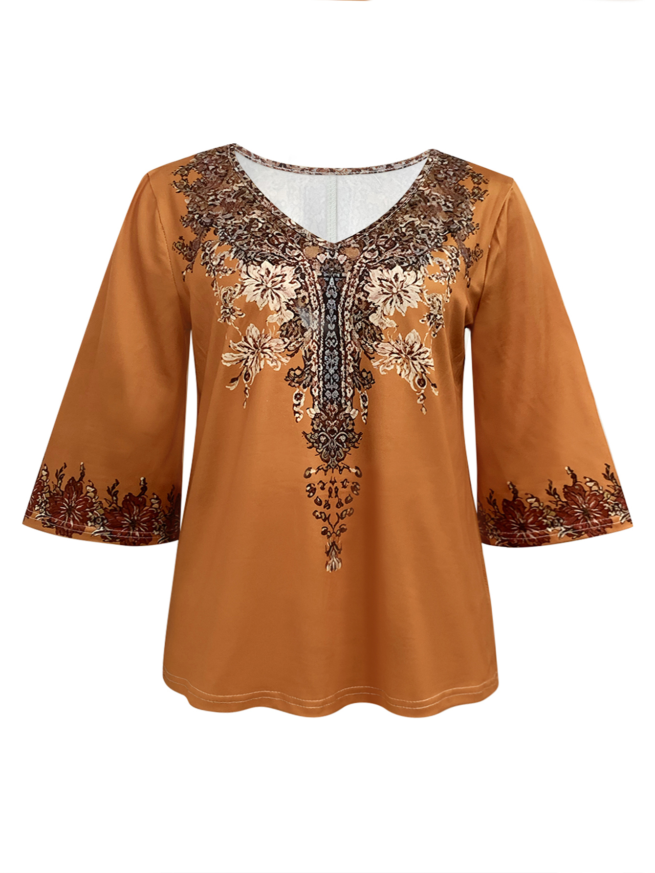 Women's Autumn New Retro Ethnic - Style All - Over Floral Printed Elegant Casual Plus - Size V - Neck Long - Sleeve T - Shirt-YL25428