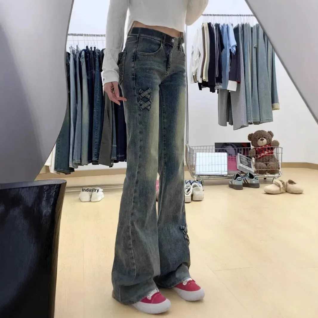 Retro High Waist Bell Bottom Jeans Womens Spring Autumn New Slimming Butterfly Knot Elastic Horse Hoof Flared PantsT251013