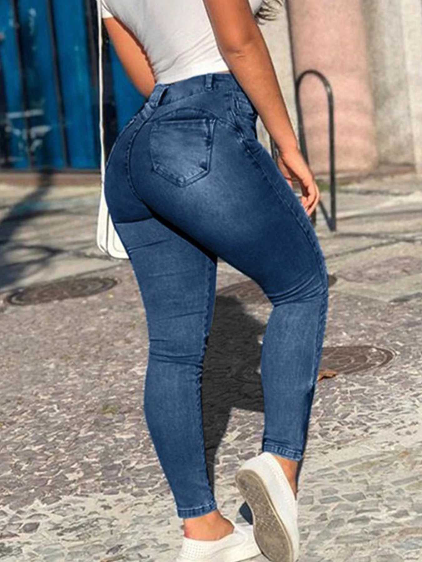 Womens elastic mid waist zipper hem tight jeans pencil pants multi pocket fashionable casual denim work pants suitable for alT251013