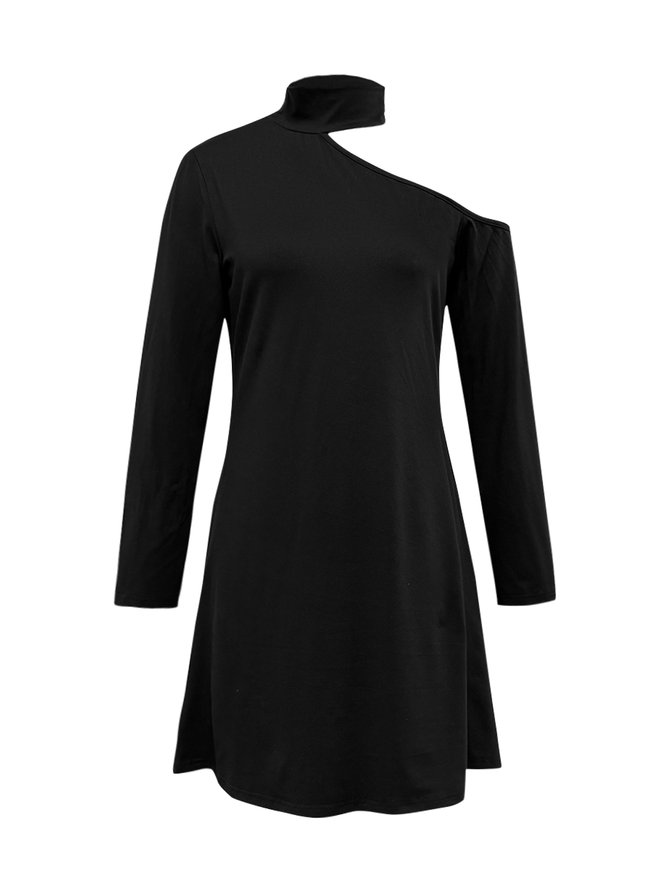 Women's Autumn Winter Fashion Office - Style Dress - Elegant Minimalist Cutout Shoulder Long - Sleeve Black Dress-CF55092