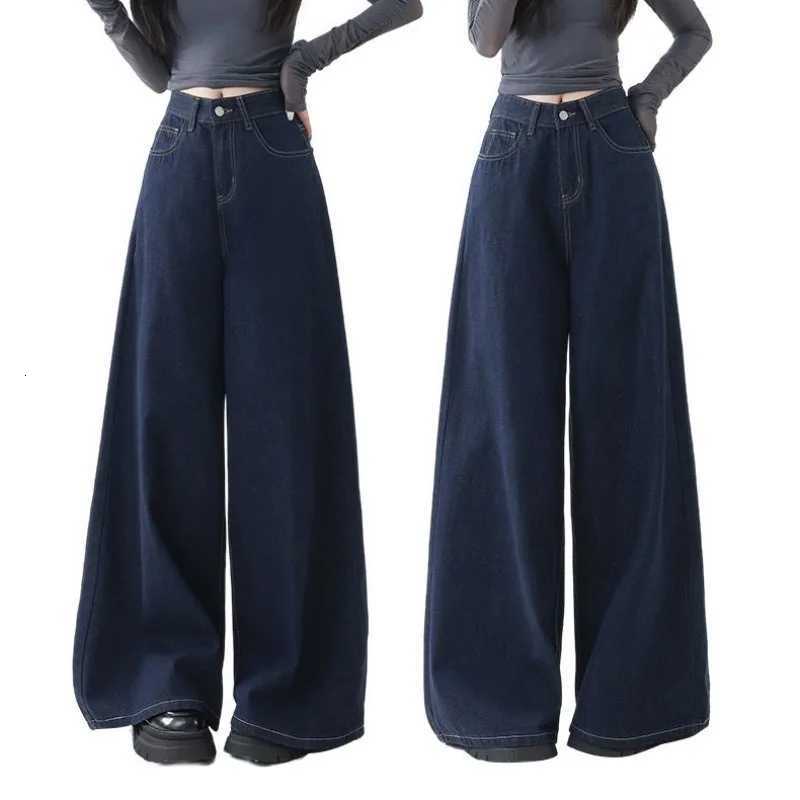 High Waist Straight Leg Loose Fit Denim Jeans Womens Floor Length Lazy Wide Leg Meat Concealing Deep Blue American Style Long PT251013