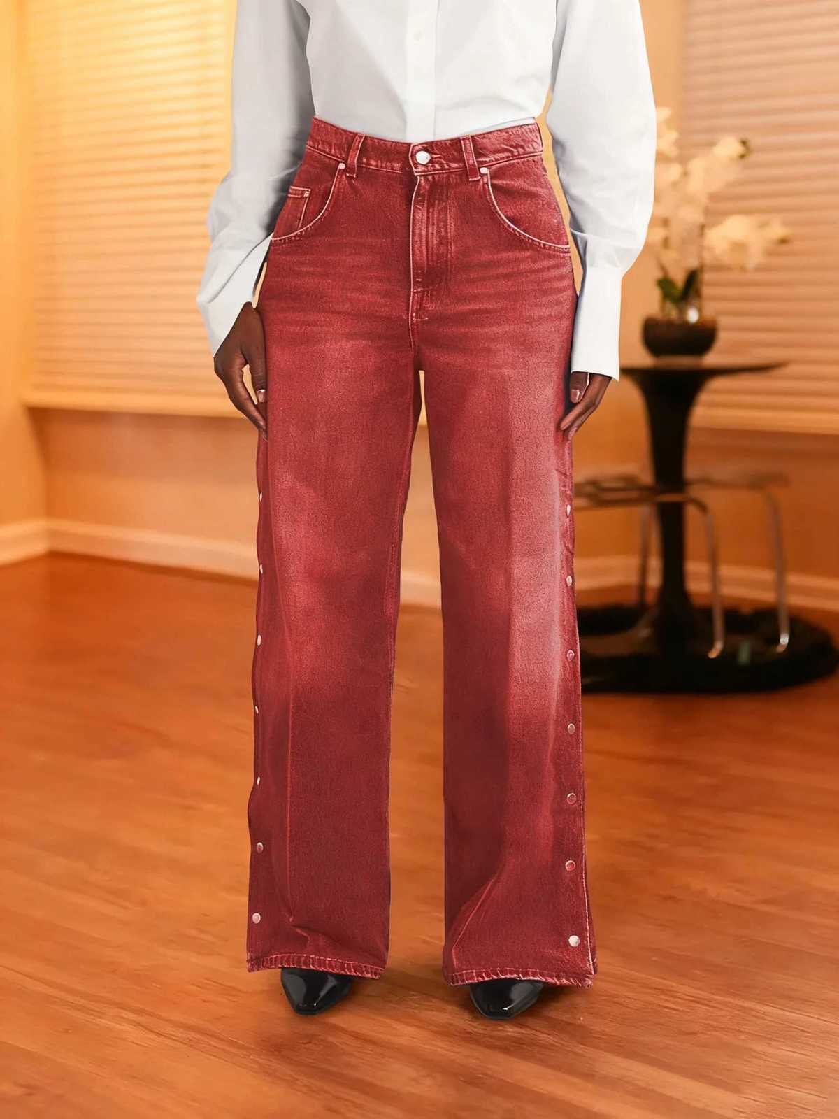 Ladies Retro RedBrown WideLeg Jeans Fashion Casual Loose Straight MidWaist NonStretch Side Buckle Denim PantsT251013
