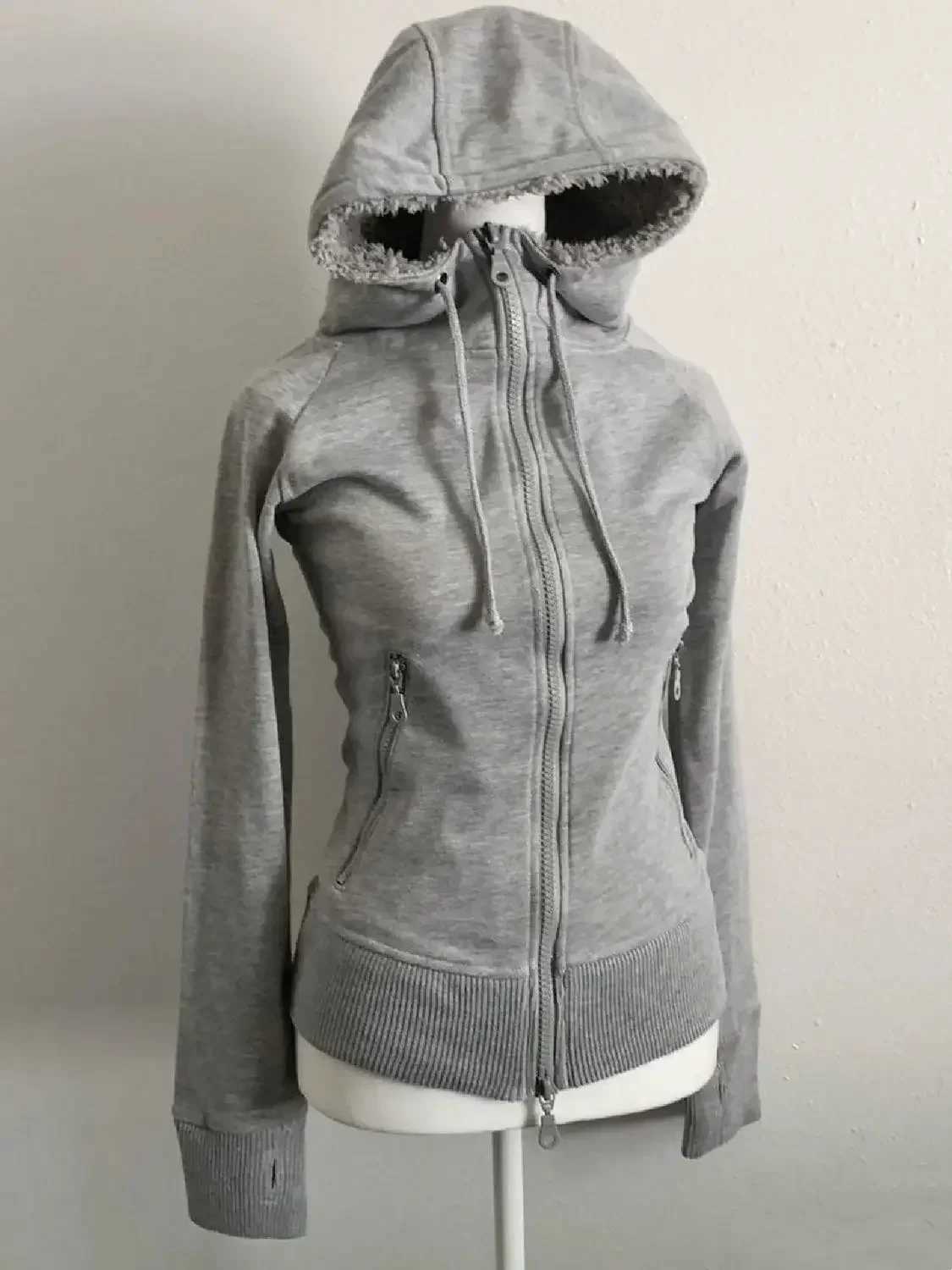 Y2k Grey Wool Vintage Hooded Sweatshirt Cardigan Ladies Spring And Autumn Double Zipper Design Waist Closure Sweatshirt W251013