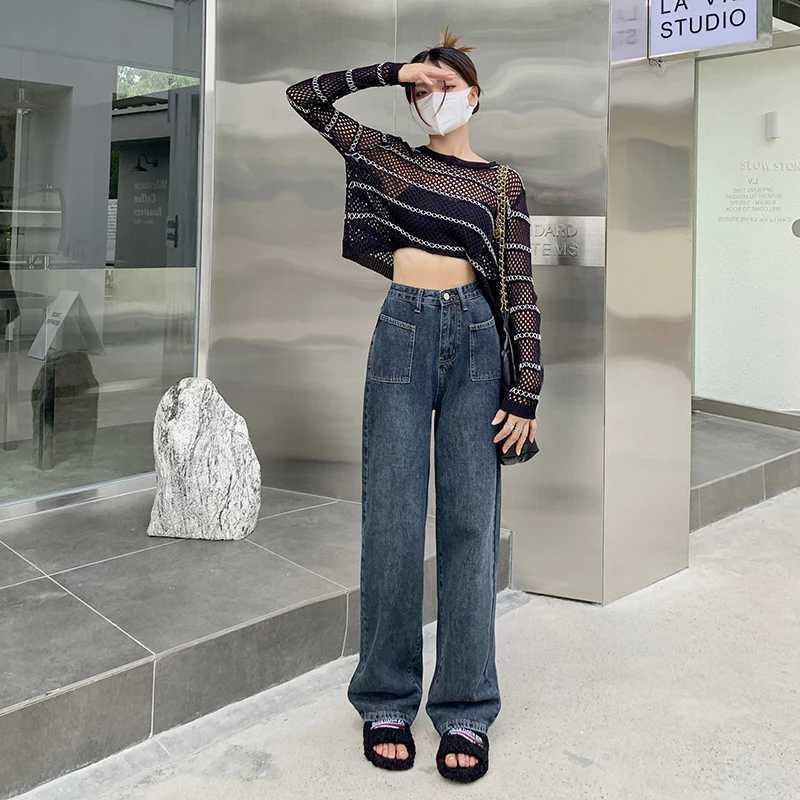 Comfortable Womens Straight Jeans Leisure Skinfriendly High Street Low Rise Blue Pockets Streetwear Low Waist Wide LegT251013