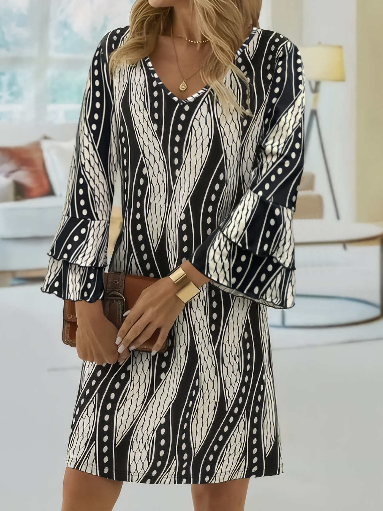 Women's Autumn Winter French - Style Elegant Long - Sleeve Dress - Fashionable Office & Casual & Loungewear Black Dress-CF53918