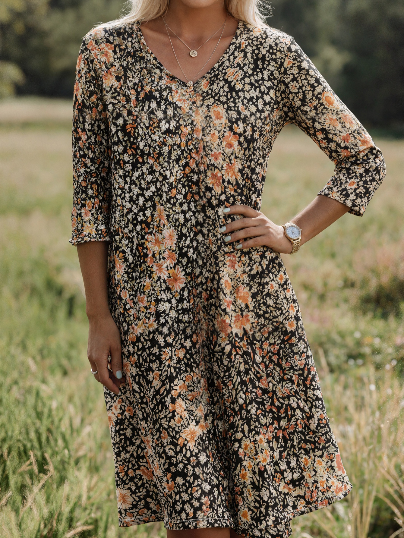 Women's Autumn Winter New Ditsy Floral Printed Casual & Versatile Plus - Size Midi Dress-YL23455
