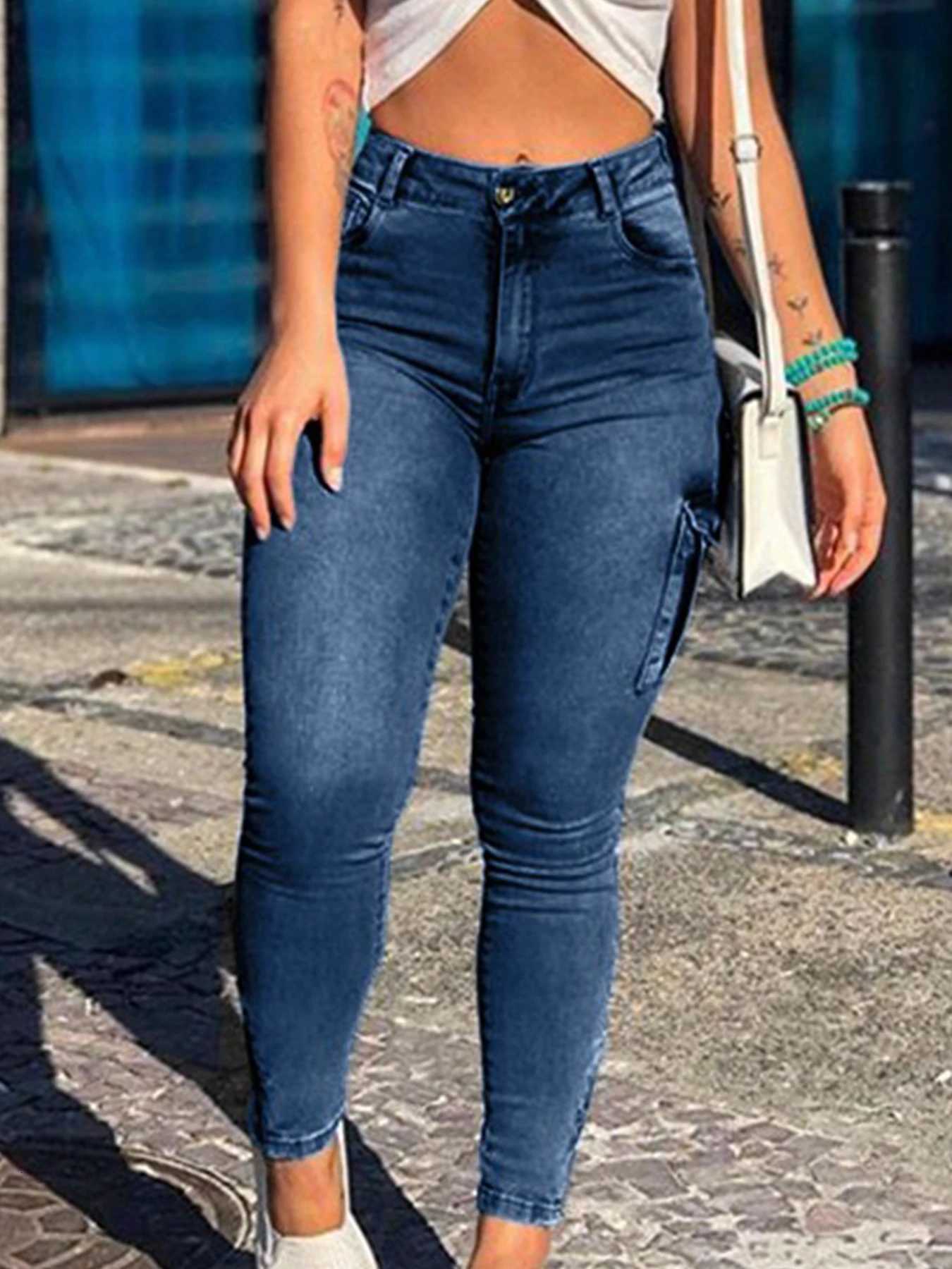 Womens elastic mid waist zipper hem tight jeans pencil pants multi pocket fashionable casual denim work pants suitable for alT251013