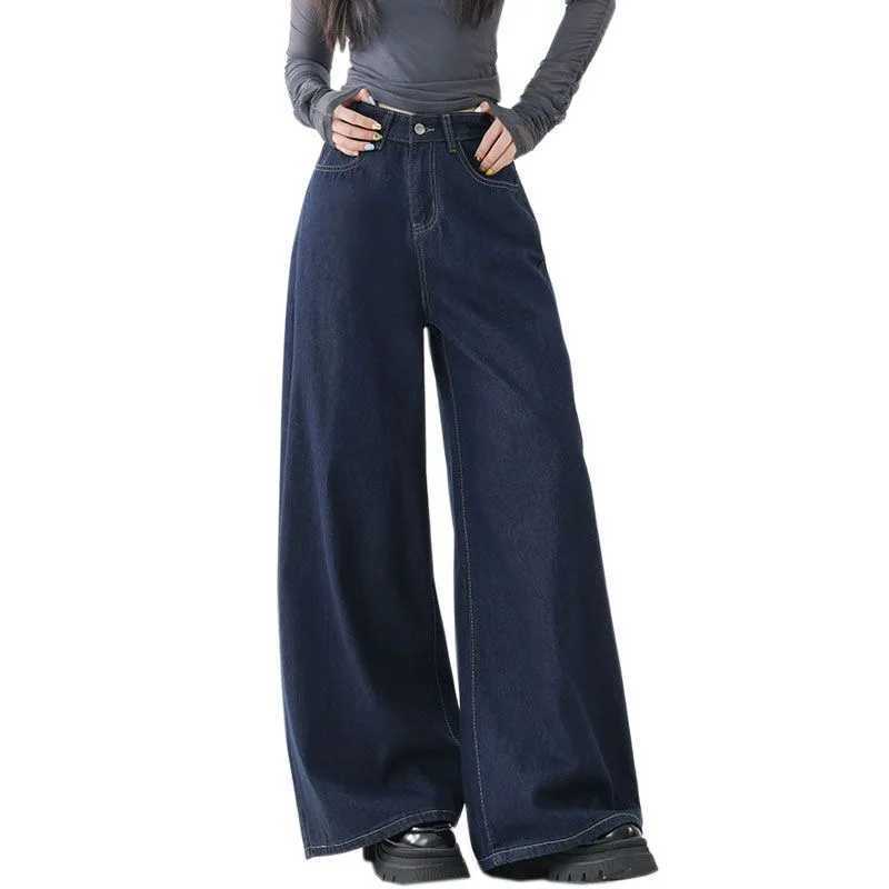 High Waist Straight Leg Loose Fit Denim Jeans Womens Floor Length Lazy Wide Leg Meat Concealing Deep Blue American Style Long PT251013