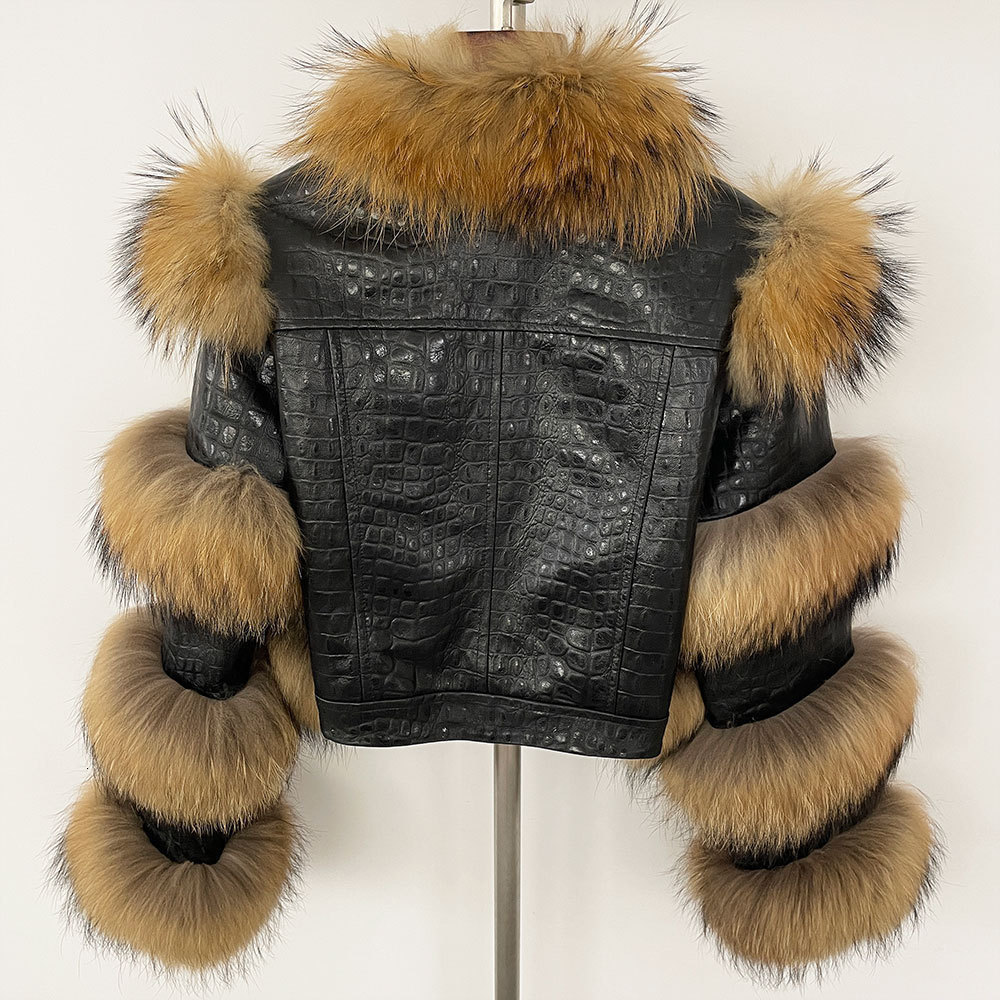 RR2775 Plus Size Artificial Fox Fur Winter Jacket Womens Leather Short Crop Jacket Womens Cotton Lined Fur Decorative Leather 240927 - view 4