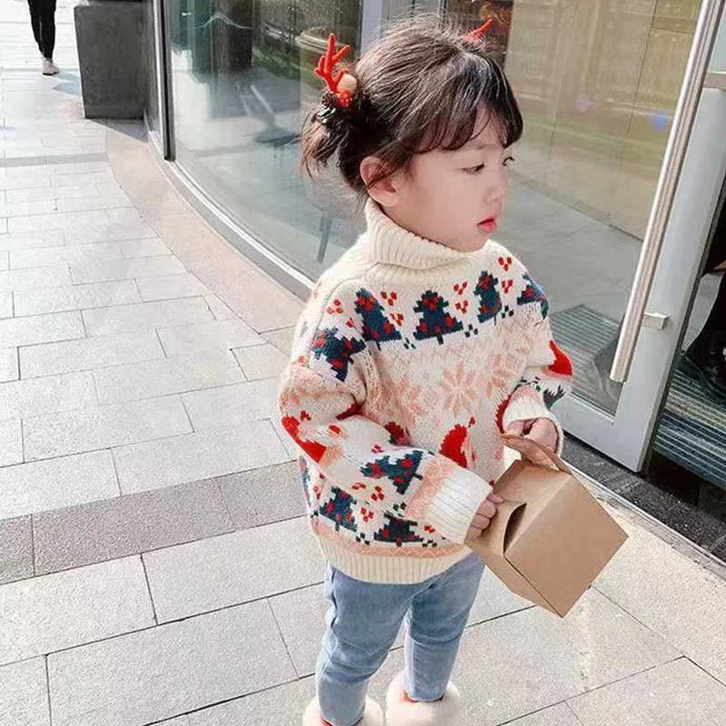 Girls High Neck Sweater Thickened Autumn and Winter New Fashionable Christmas Pattern Girls Knitted Sweater Sweet and Cute C251013