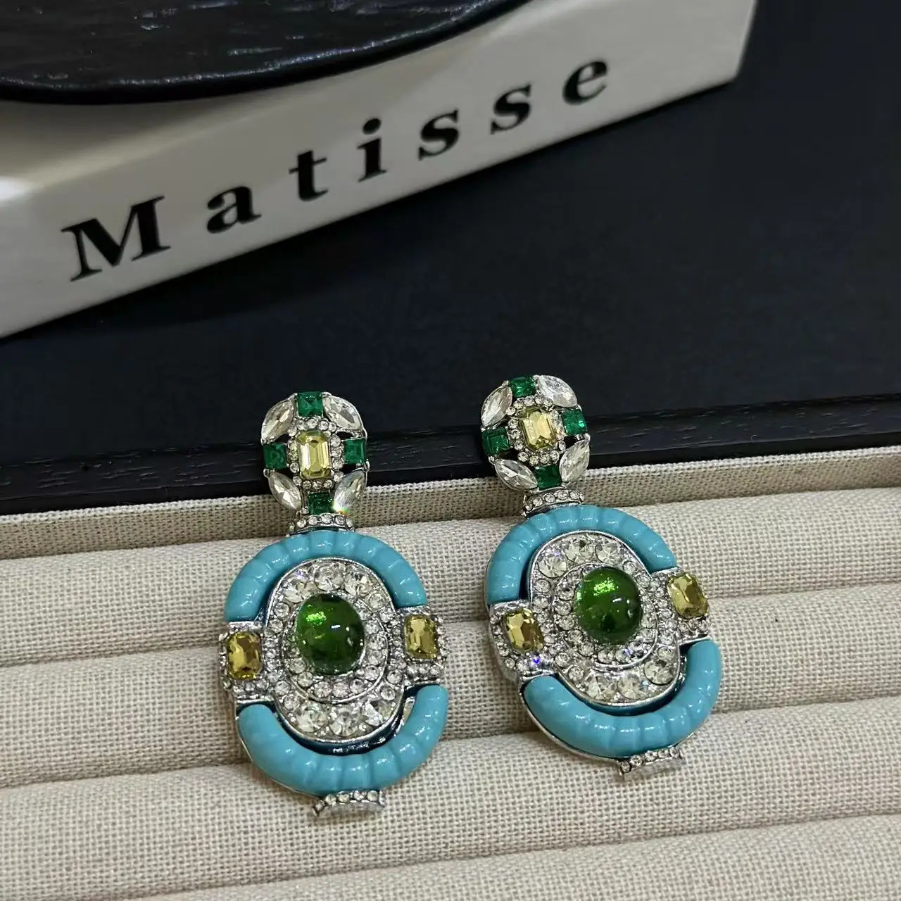 Vintage Turquoise Emerald Silver Drop Dangle Earring Victorian Era Full Diamond Gemstone Blue Ear Stud Chunky Statement Jewelry 251011 - view 4