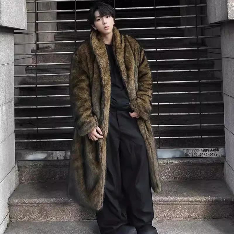 Mens fur coat Wolf fur fox fur lapel long overcoat winter windproof and warm windbreaker large size 251011
