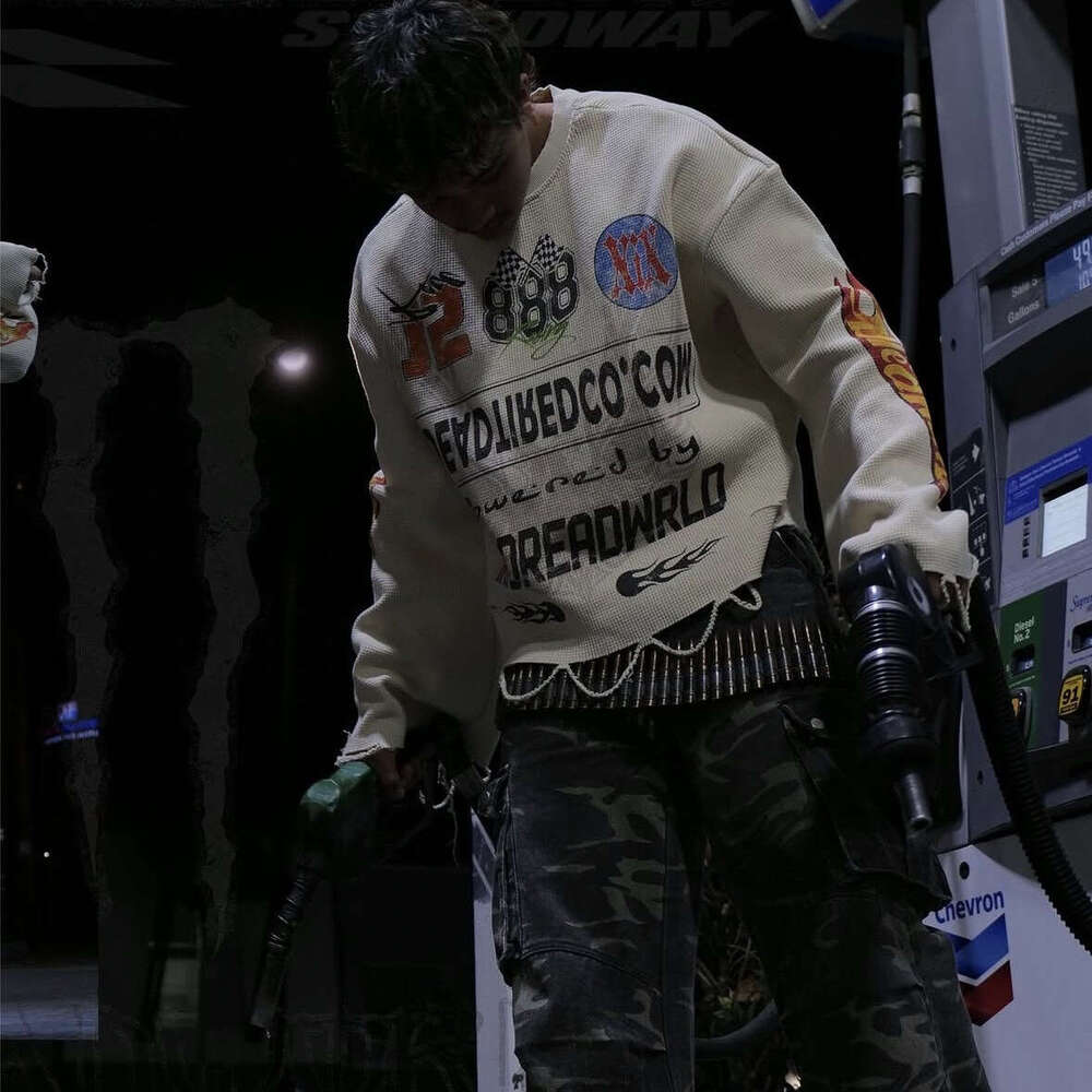 American Hip-Hop Street Casual Loose Crew Neck Motorcycle Print Long Sleeve Racing Shirt for Men