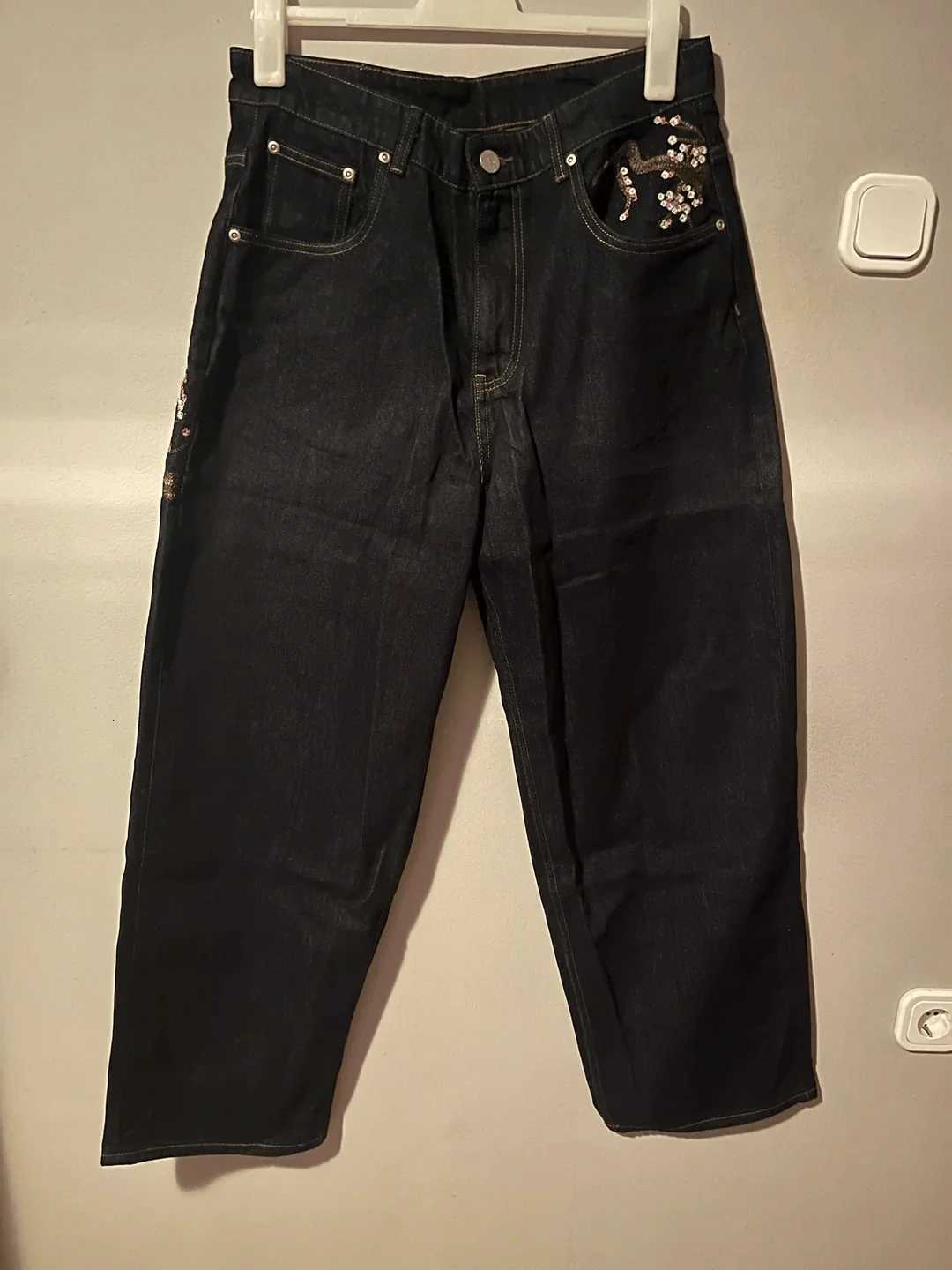 Unisex Black Slim Straight Leg Jeans Cherry Blossom Print Embroidered Back Pockets Basic Versatile Casual Pants Comfort Stretch C251013