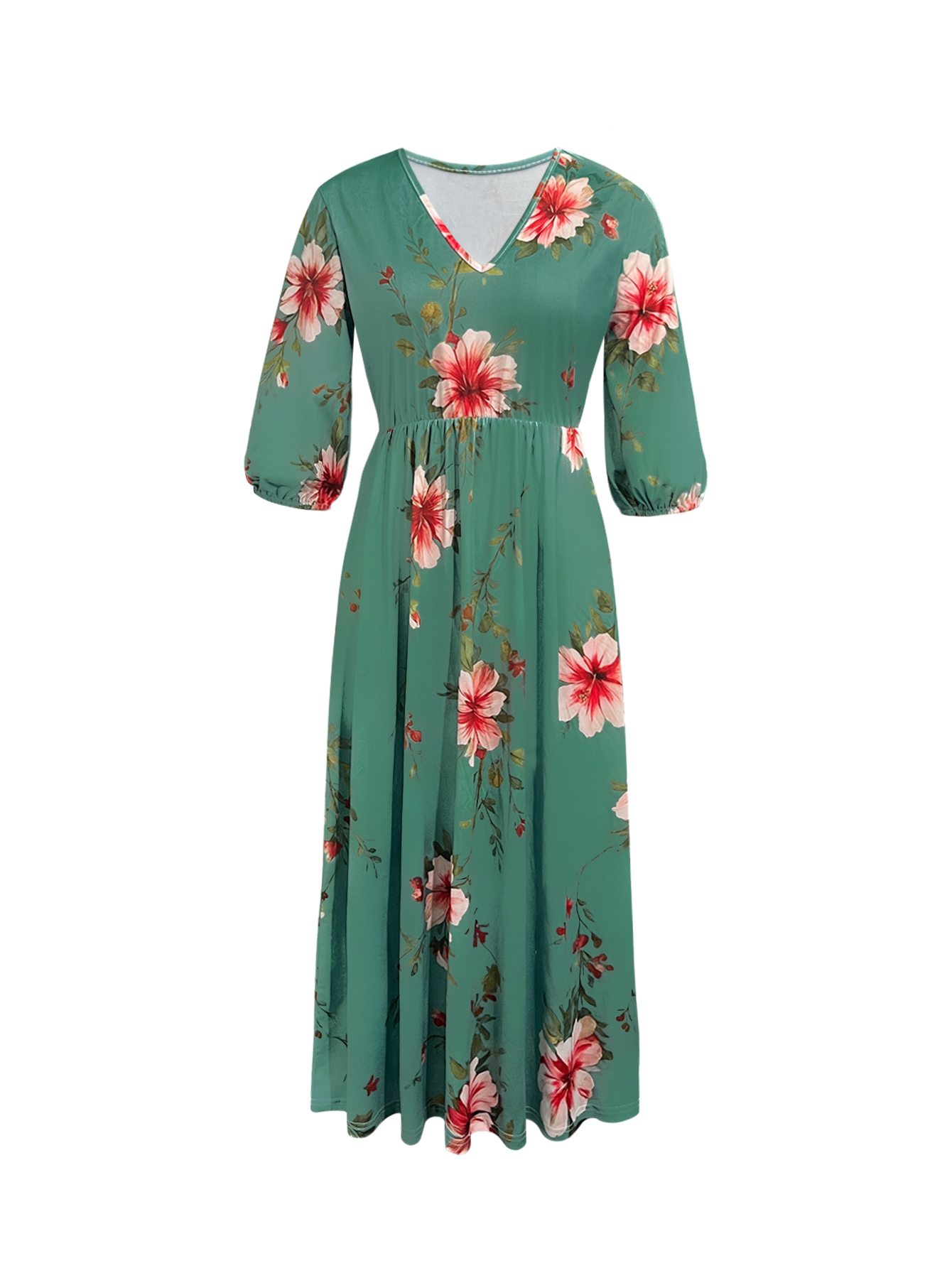 Women's New Fashion Vacation Floral Printed Midi Dress - Elegant V - Neck 3/4 Sleeve Green Dress-CF52915