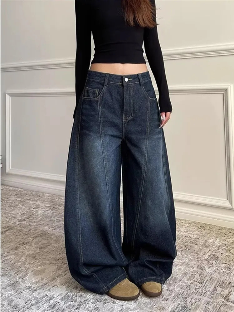Ropa Y2K Fashion Letter Embroidery Vintage Dark Blue Baggy Jeans Pants Women Clothing Rock Wide Leg Lady Denim Trousers 251010