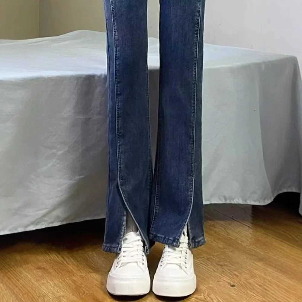 High Waist Straight Leg Jeans Slit Design Versatile Loose Slimming Floor Length Pants for Short Women Smoking Pipe PantsT251013