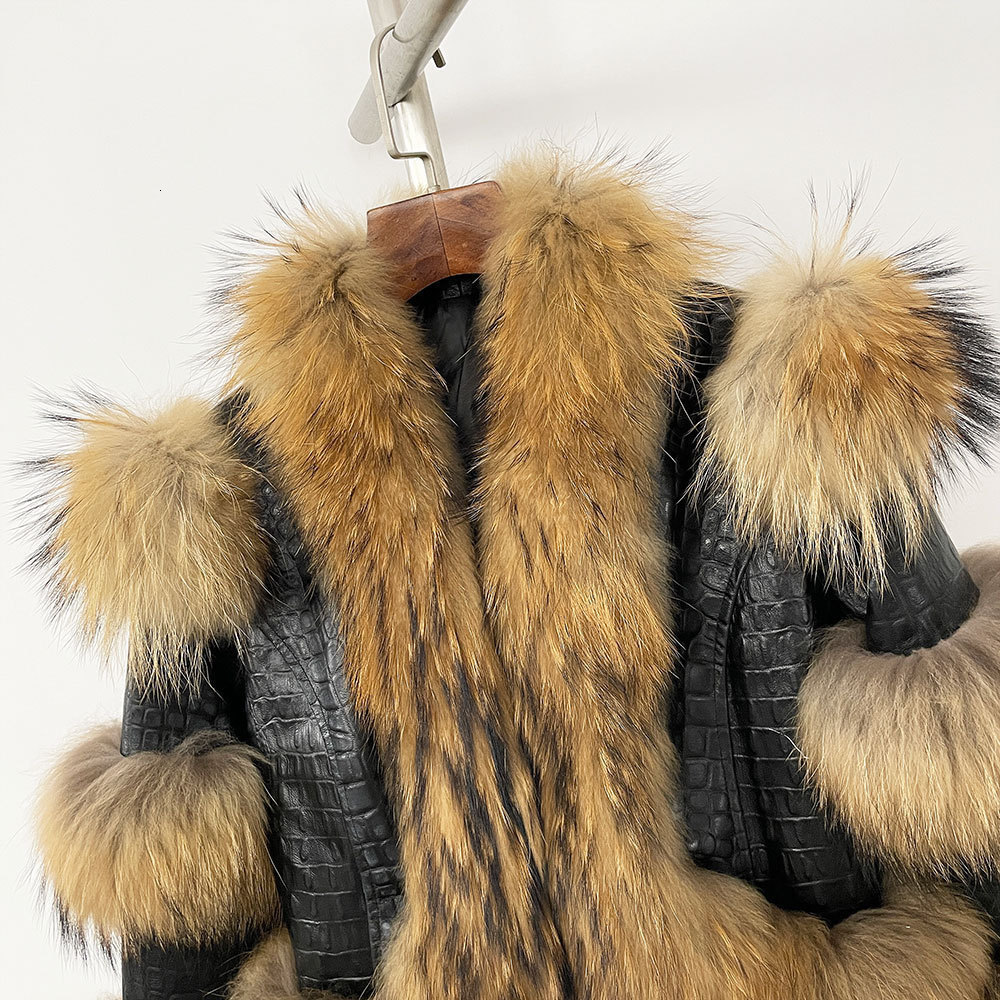 RR2775 Plus Size Artificial Fox Fur Winter Jacket Womens Leather Short Crop Jacket Womens Cotton Lined Fur Decorative Leather 240927 - view 5
