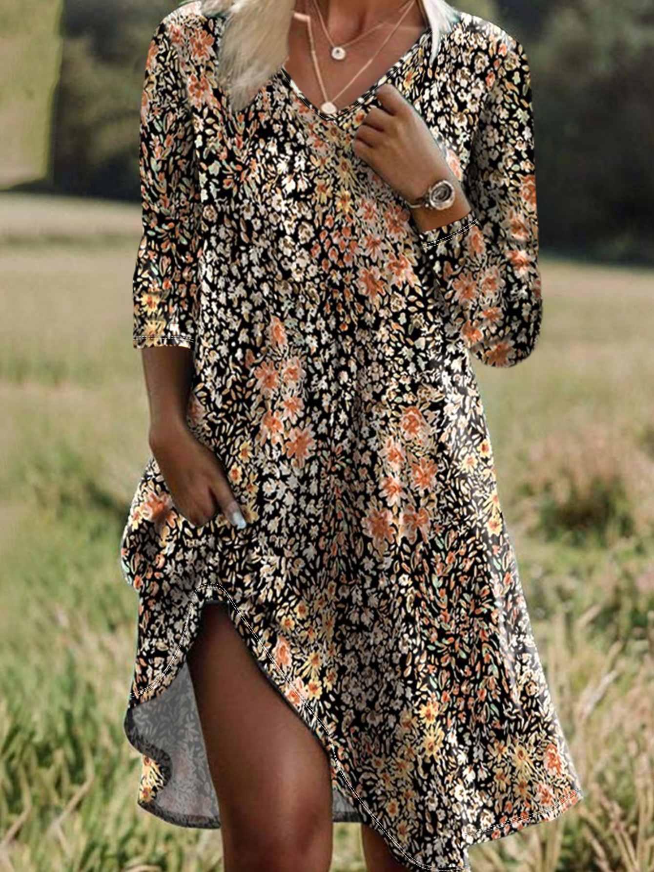 Women's Autumn Winter New Ditsy Floral Printed Casual & Versatile Plus - Size Midi Dress-YL23455