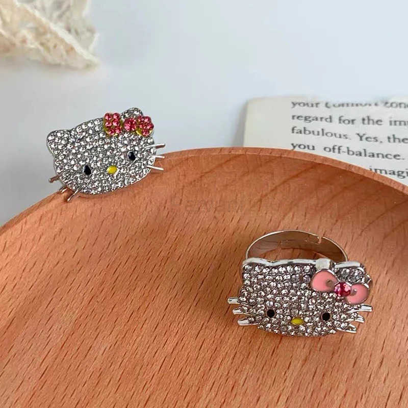 Sanrio Cute Hello Kitty Rhinestones Rings Anime Sanrio KT Cat Rings Adjustable Pearl Heart Rings Jewelry Girl Gifts H251201