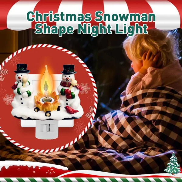 Plug-In Resin 3D Flameless Candle Night Light - Snowman Flameless Campfire Night Light Perfect For Christmas Decoration And Bedroom Atmosphere