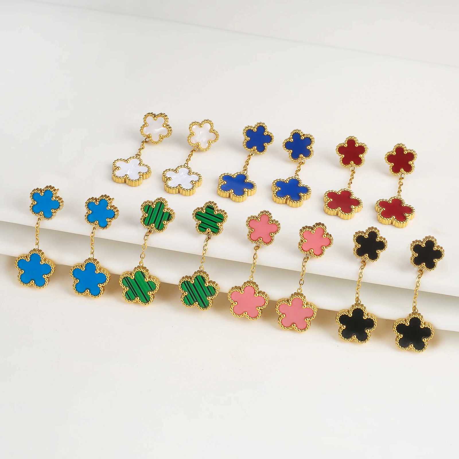 Luxury Stainless Steel Double Layer Five Leaf Flower Drop Earrings Fine Party Wedding Gift Temperament for Woman Flower JewelryW251013