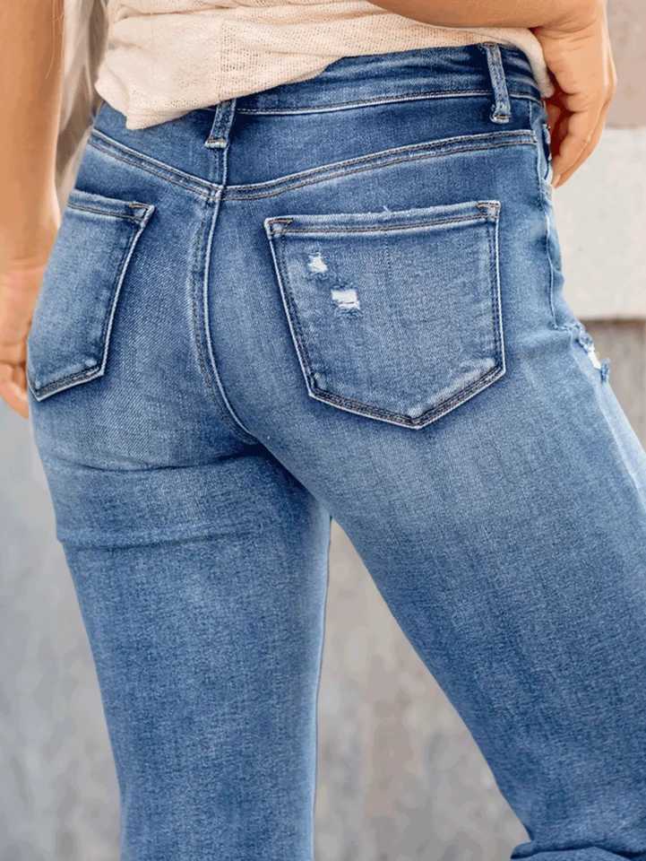 New Womens Fashion Stretch Ripped Slim Fit Jeans with Pockets Trendy Elastic Straight Leg Denim PantsT251013