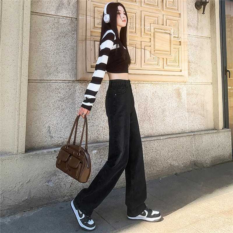 Comfortable Womens Straight Jeans Skin Friendly Leisure Stretch Solid Black High Rise Boot Cut Pants Japanese Korean Y2k FashionT251013