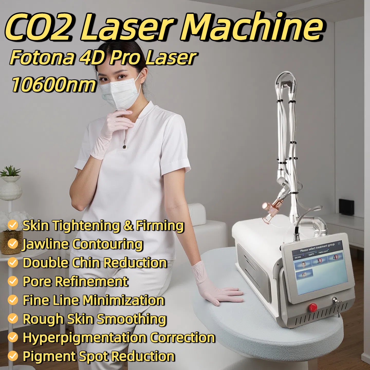 Fotona4D Pro Fractional CO2 Laser Beauty Device 10600nm Skin Tightening Firming Hyperpigmentation Correction Pigment Spot Reduction Pore Refinement Ma