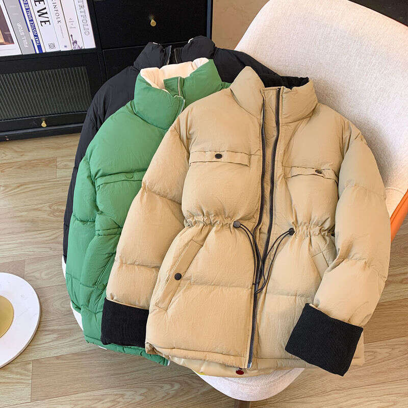Winter New Korean Fashion Trend Niche Drawstring Waist Patchwork Color Block Thickened Warm Cotton Jacket B5