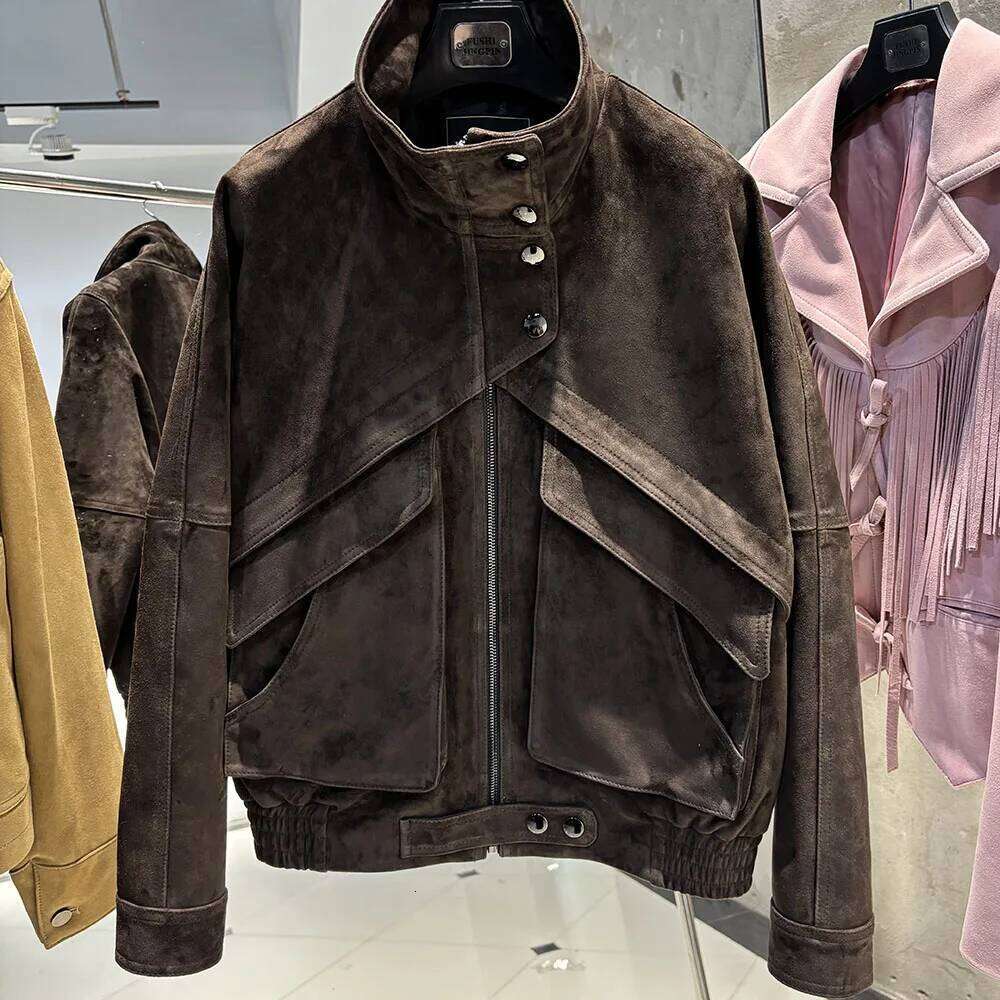 Yoloagain Chocolate Brown Suede Women Real Leather Jacket Female