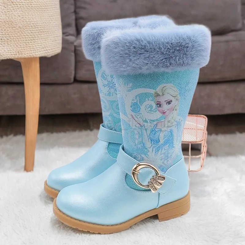 Disney Girls Leather Boots Winter Cartoon Frozen Boots Zipper High Plush Princess Elsa Boots Warm Childrens Boots Size 2536XJ251013