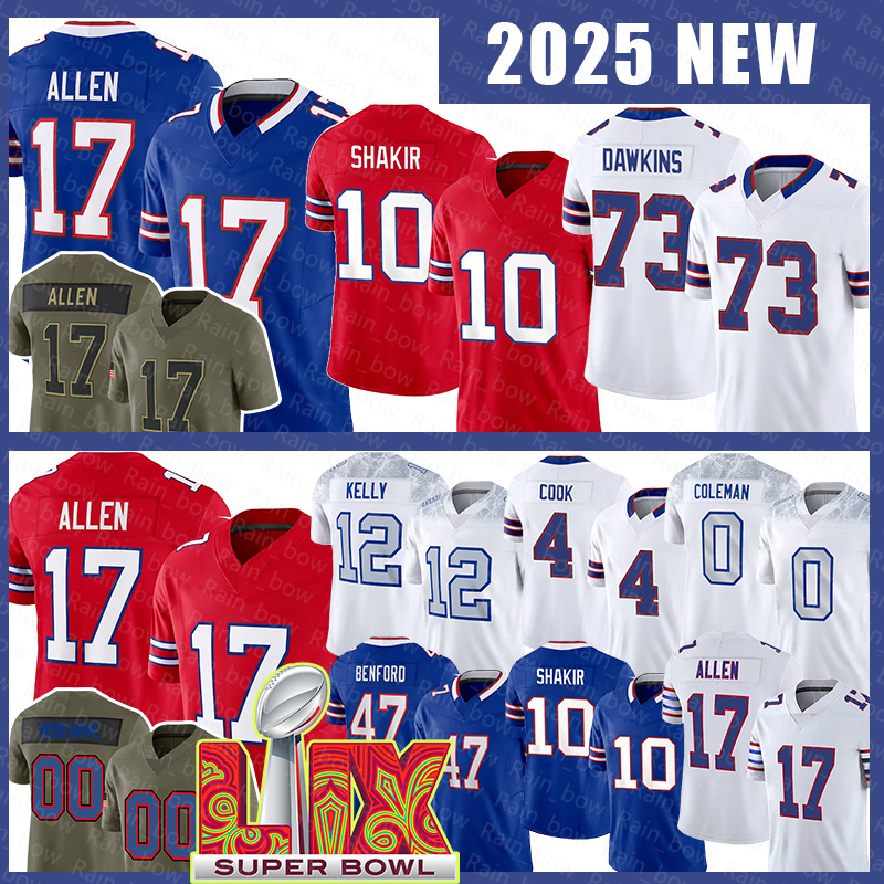17 Josh Allen Football Jerseys Joey Bosa Dion Dawkins Khalil Shakir 12 Jim James Cook Keon Coleman Christian Benford Dalton Kincaid Greg Rousseau Dawson Knox
