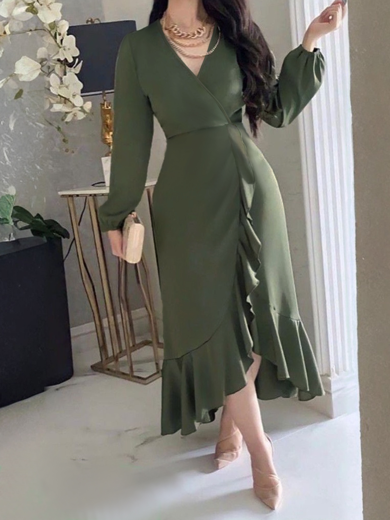 Women's Autumn Winter French - Style Elegant V - Neck Midi Dress - Versatile Minimalist Leaf - Print Slimming Dress-CF55116