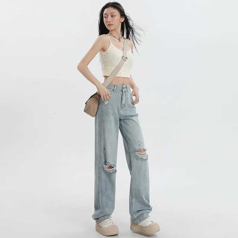 Womens Highwaisted Jeans Leisure Comfortable Skin Friendly Straight Leg Loose Fit Casual Micro Elastic Knee Piercing DesignT251013