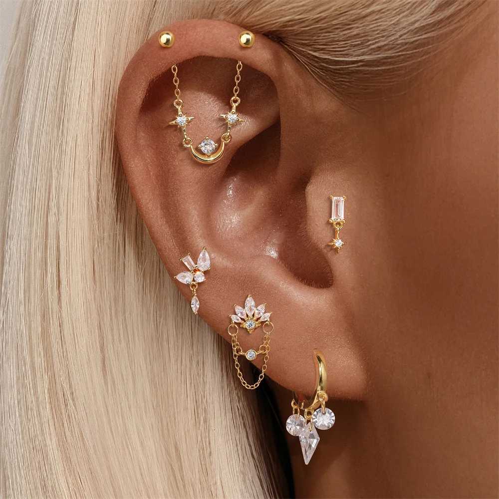 CANNER 1PC 925 Sterling Silver Tassel Chain Eight Pointed Stars Moon Earrings For Women Ins Horse Eye Geometric Zircon Earring W251013