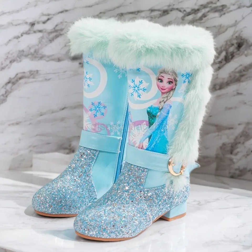 Disney Girls High Heel Boots Winter Childrens High Sleeve Plush Snow Warm Boots Princess Elsa Long Pink Blue Boots Size 2637XJ251013