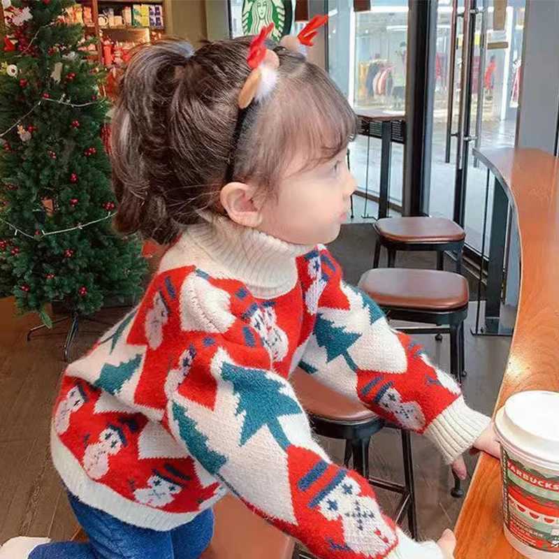 Girls High Neck Sweater Thickened Autumn and Winter New Fashionable Christmas Pattern Girls Knitted Sweater Sweet and Cute C251013