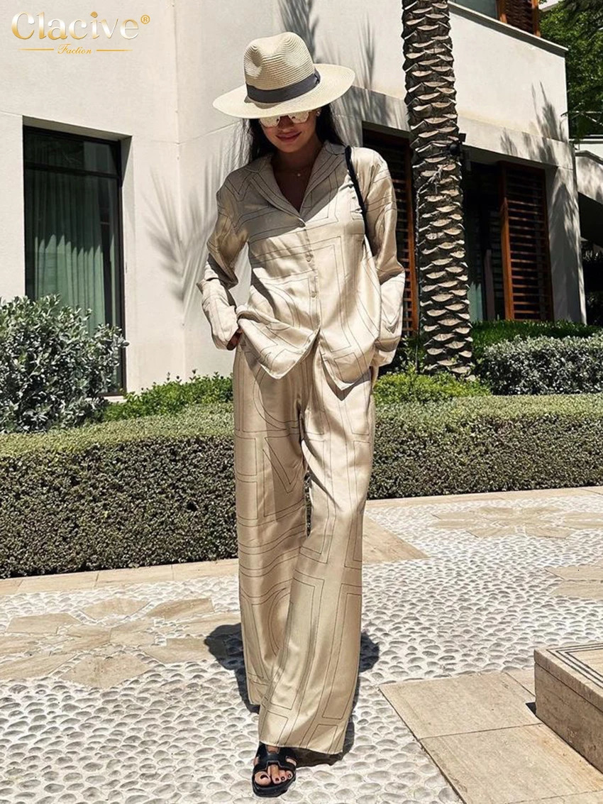 Clacive Fashion Long Sleeve Blouse 2 Piece Sets Women Outfit Elegant Loose Print Pants Set Casual High Waist Wide Trousers Suits 251013