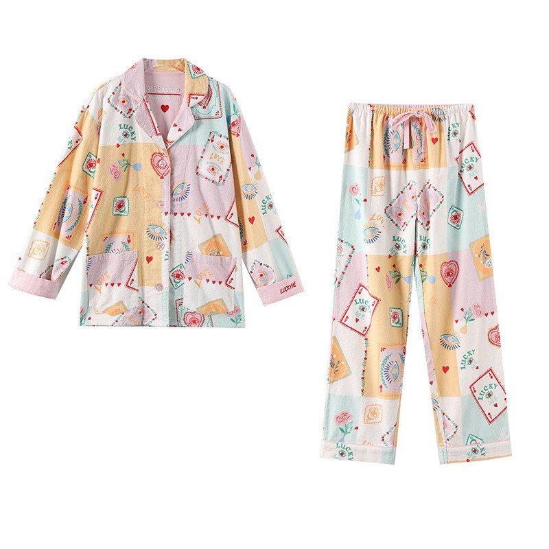 New Pajamas Suit, Pure Cotton 2 Piece Set, Women Print Cartoon Nightwear Long Sleeve Trousers Set, Autumn Loungewear Home Clothes