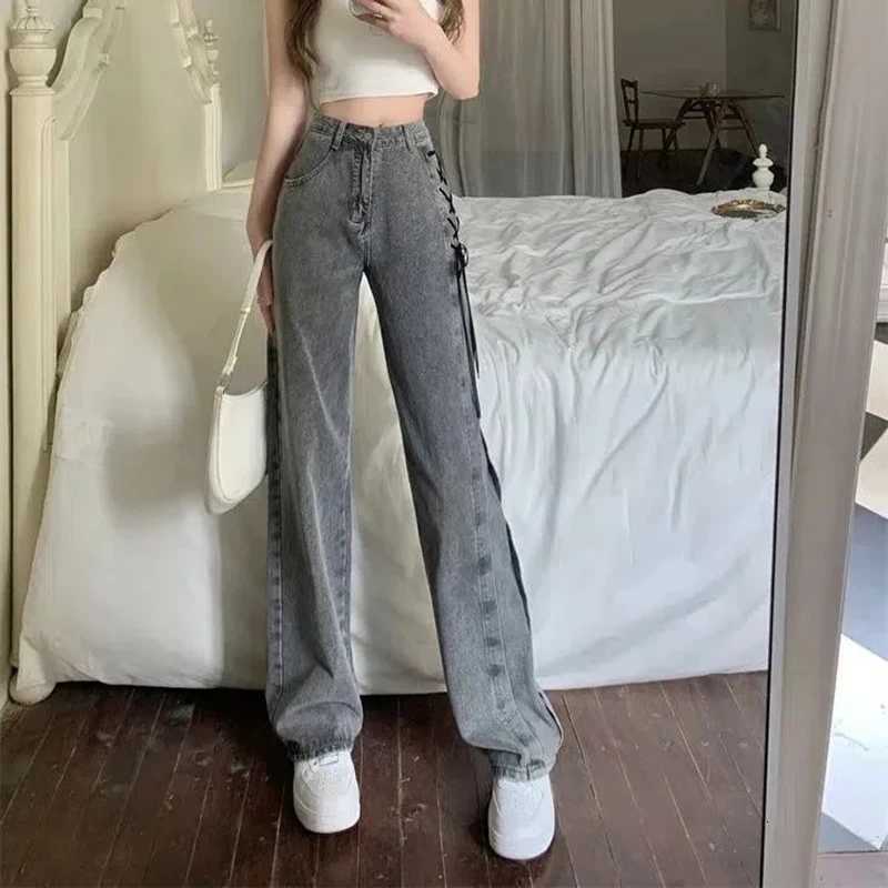 Vintage Lace Up Jeans Women Korean Chic Y2K Straight Denim Pants Autumn Streetwear High Waist Female Wide Leg Trousers NewT251013