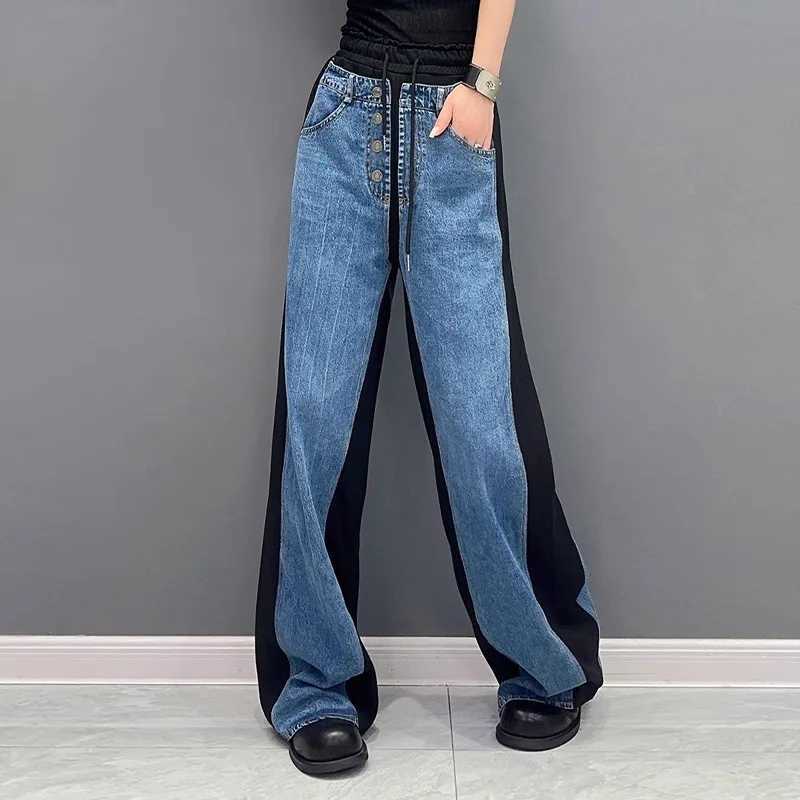 Wide Leg Pants Jeans Women Floor Length Washed Pockets Patchwork Elastic Waist Lace Up Denims Straight Trousers 2025 StreetwearT251013