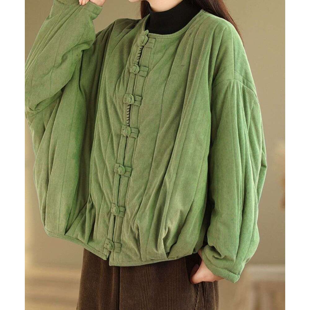 Plus Size Artistic Loose Corduroy Quilted Jacket For Autumn And Winter New Chinese Style Button Warm Cotton Coat B5