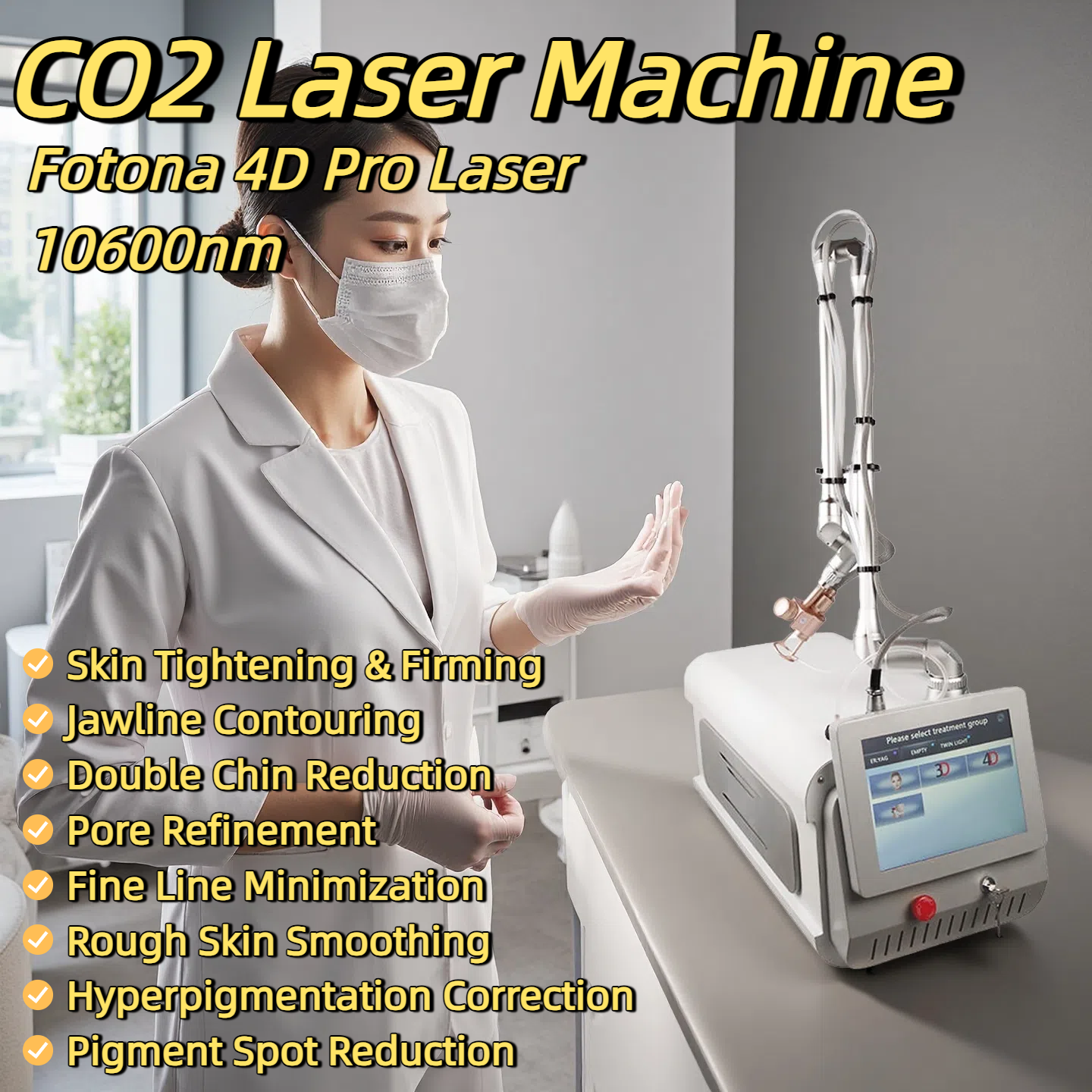 Fotona4D Pro Fractional CO2 Laser Beauty Device 10600nm Double Chin Reduction Rough Skin Smoothing Pore Refinement Pigment Spot Reduction Skin Tighten