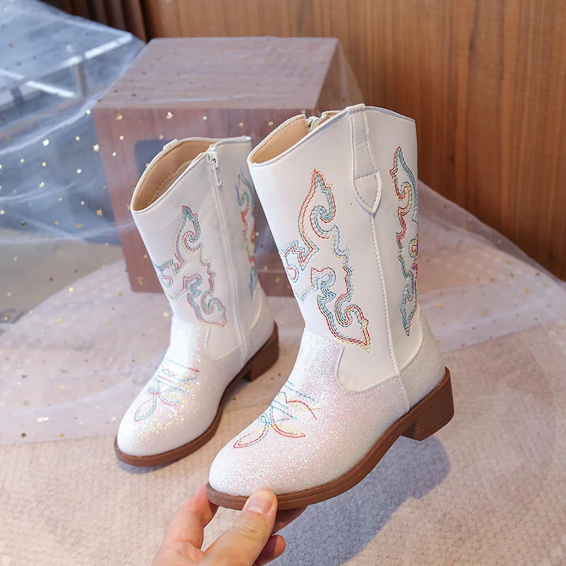 Girls Sequin Fashion Boots Autumn Comfortable Embroidered Cowboy Boot Mid Calf Zipper Anti Slip Outdoor Children Boot 2737 251017