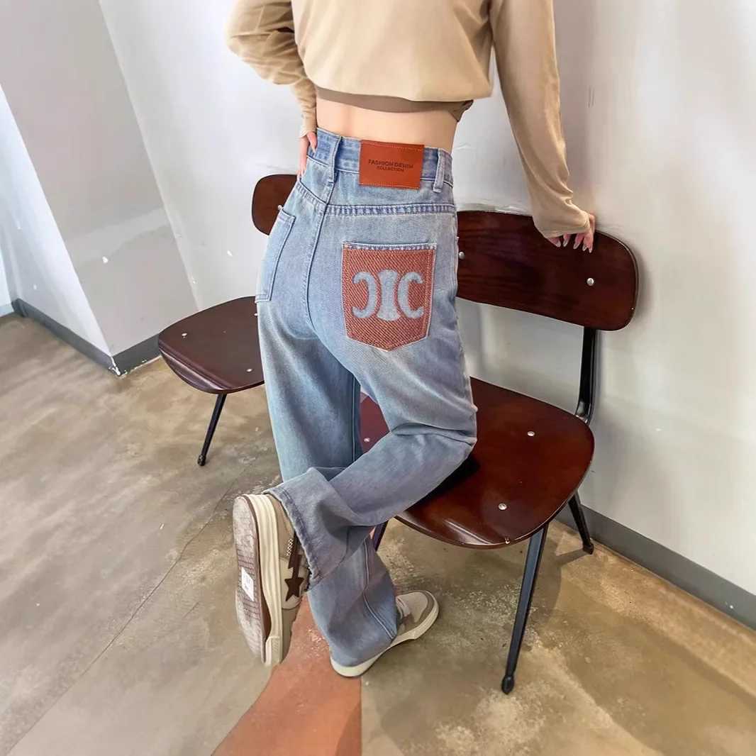 Spring 2025 High Waist Straight Leg Jeans Women Slimming Pockets Embroidered Light Blue Smoke Tube Long PantsT251013