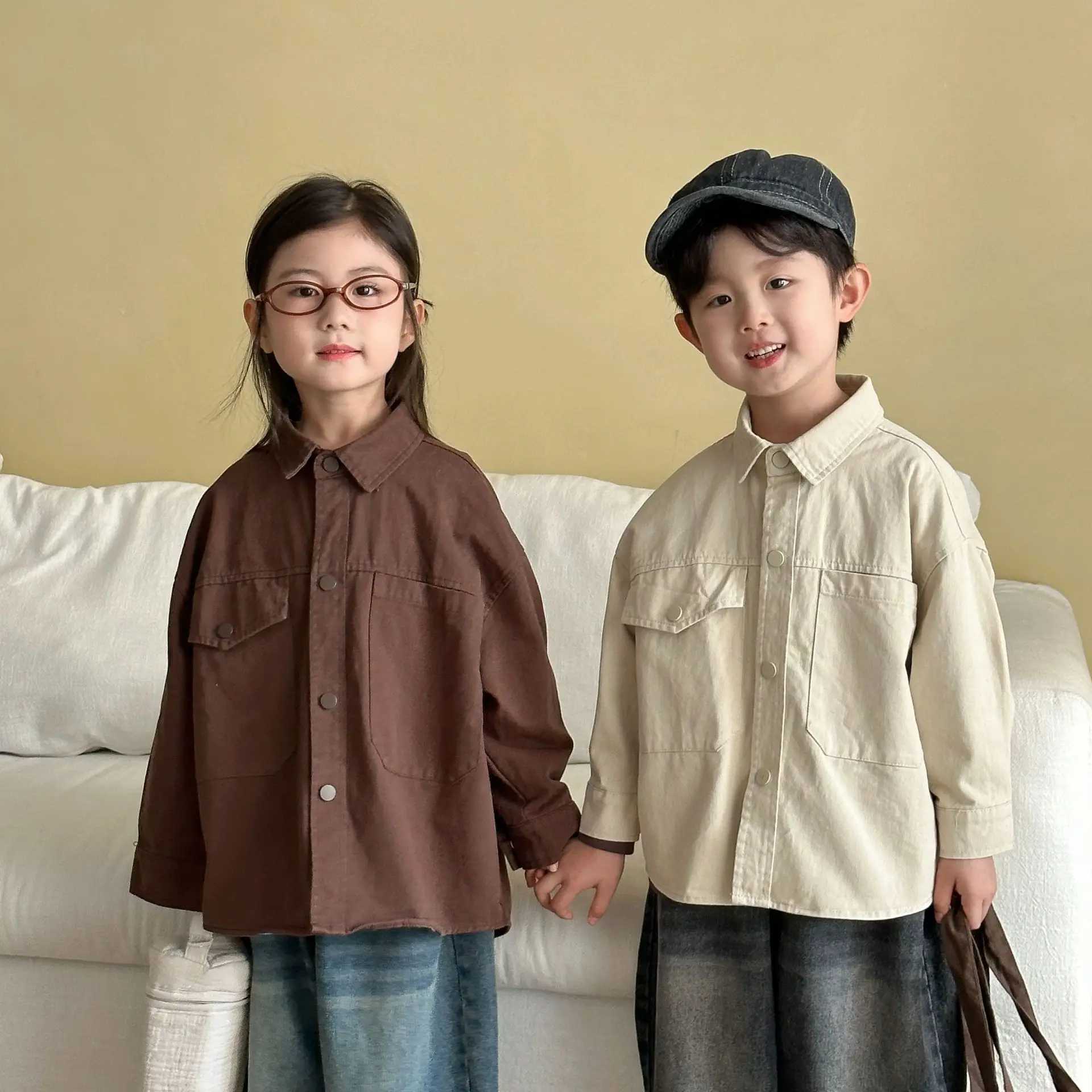 Kids Baby Boys Autumn Tops Turn Down Collar Long Sleeves Baby Boys Cargo Coats Solid Color Single Breasted 18Y Boys Outerwear C251013