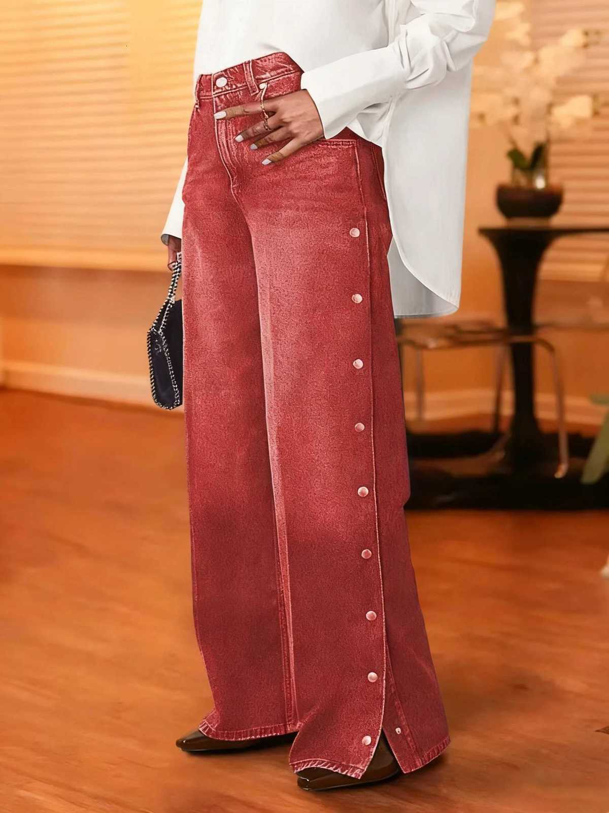Ladies Retro RedBrown WideLeg Jeans Fashion Casual Loose Straight MidWaist NonStretch Side Buckle Denim PantsT251013